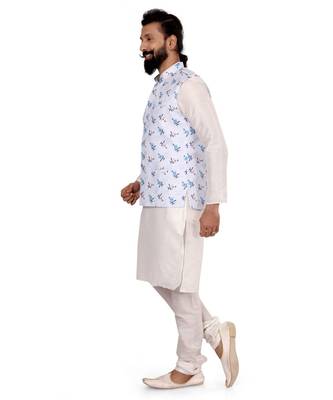 Men Off White Cotton Printed Nehru Jacket with Plain White Dupion Silk Kurta Churidar 3