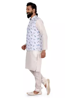 Men Off White Cotton Printed Nehru Jacket with Plain White Dupion Silk Kurta Churidar