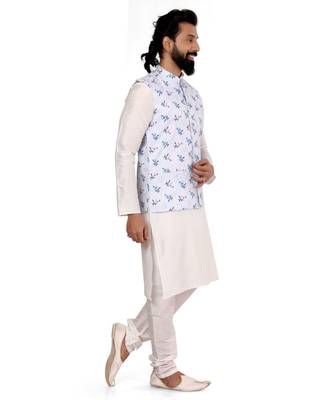 Men Off White Cotton Printed Nehru Jacket with Plain White Dupion Silk Kurta Churidar 4