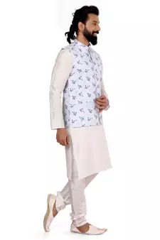 Men Off White Cotton Printed Nehru Jacket with Plain White Dupion Silk Kurta Churidar