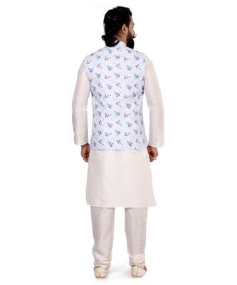 Men Off White Cotton Printed Nehru Jacket with Plain White Dupion Silk Kurta Churidar 5