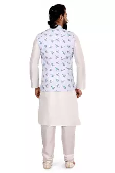Men Off White Cotton Printed Nehru Jacket with Plain White Dupion Silk Kurta Churidar