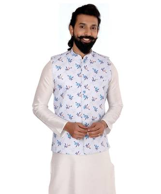 Men Off White Cotton Printed Nehru Jacket with Plain White Dupion Silk Kurta Churidar 6
