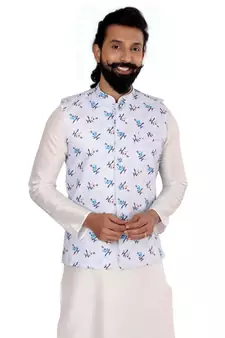 Men Off White Cotton Printed Nehru Jacket with Plain White Dupion Silk Kurta Churidar