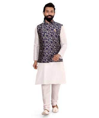 Men Navy Blue Jacquard Silk Nehru Jacket with Plain White Dupion Silk Kurta Churidar 2