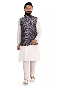 Men Navy Blue Jacquard Silk Nehru Jacket with Plain White Dupion Silk Kurta Churidar