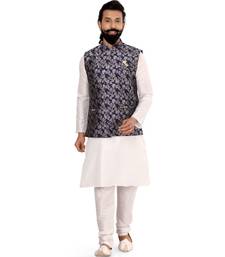 Men Navy Blue Jacquard Silk Nehru Jacket with Plain White Dupion Silk Kurta Churidar