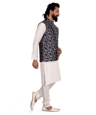 Men Navy Blue Jacquard Silk Nehru Jacket with Plain White Dupion Silk Kurta Churidar 3