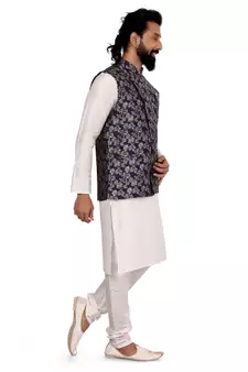 Men Navy Blue Jacquard Silk Nehru Jacket with Plain White Dupion Silk Kurta Churidar