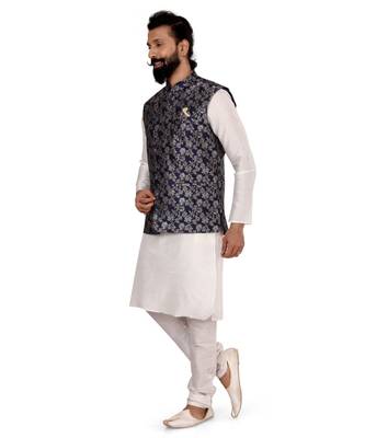 Men Navy Blue Jacquard Silk Nehru Jacket with Plain White Dupion Silk Kurta Churidar 4