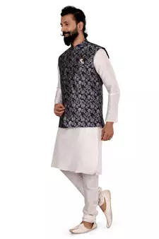 Men Navy Blue Jacquard Silk Nehru Jacket with Plain White Dupion Silk Kurta Churidar