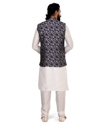 Men Navy Blue Jacquard Silk Nehru Jacket with Plain White Dupion Silk Kurta Churidar 5