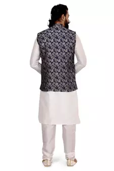 Men Navy Blue Jacquard Silk Nehru Jacket with Plain White Dupion Silk Kurta Churidar