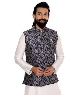 Men Navy Blue Jacquard Silk Nehru Jacket with Plain White Dupion Silk Kurta Churidar 6