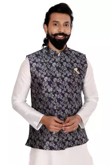 Men Navy Blue Jacquard Silk Nehru Jacket with Plain White Dupion Silk Kurta Churidar