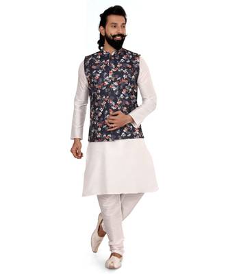 Men Black Cotton Printed Nehru Jacket with Plain White Dupion Silk Kurta Churidar 2