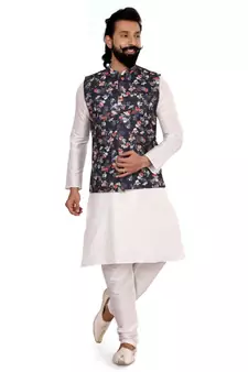 Men Black Cotton Printed Nehru Jacket with Plain White Dupion Silk Kurta Churidar