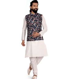 Men Black Cotton Printed Nehru Jacket with Plain White Dupion Silk Kurta Churidar