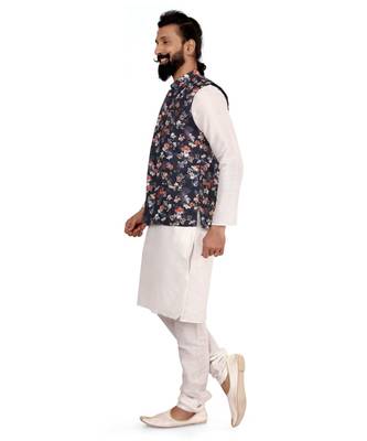 Men Black Cotton Printed Nehru Jacket with Plain White Dupion Silk Kurta Churidar 3