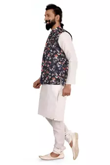 Men Black Cotton Printed Nehru Jacket with Plain White Dupion Silk Kurta Churidar