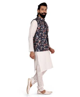 Men Black Cotton Printed Nehru Jacket with Plain White Dupion Silk Kurta Churidar 4