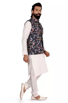 Men Black Cotton Printed Nehru Jacket with Plain White Dupion Silk Kurta Churidar