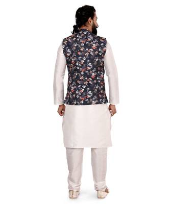 Men Black Cotton Printed Nehru Jacket with Plain White Dupion Silk Kurta Churidar 5