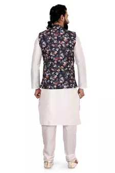 Men Black Cotton Printed Nehru Jacket with Plain White Dupion Silk Kurta Churidar