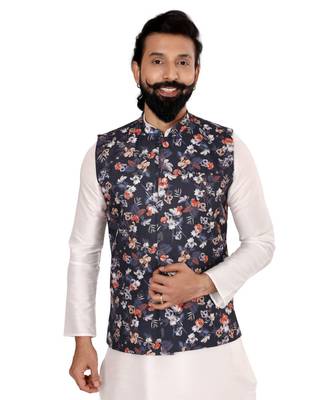 Men Black Cotton Printed Nehru Jacket with Plain White Dupion Silk Kurta Churidar 6
