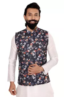 Men Black Cotton Printed Nehru Jacket with Plain White Dupion Silk Kurta Churidar