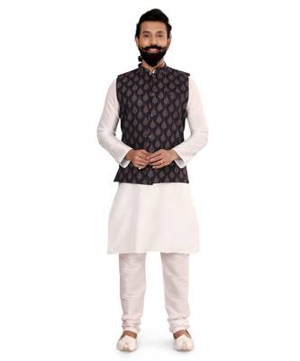 Men Black Cotton Printed Nehru Jacket with Plain White Dupion Silk Kurta Churidar 2