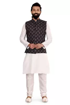Men Black Cotton Printed Nehru Jacket with Plain White Dupion Silk Kurta Churidar