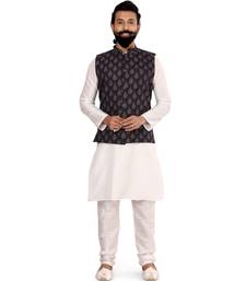 Men Black Cotton Printed Nehru Jacket with Plain White Dupion Silk Kurta Churidar