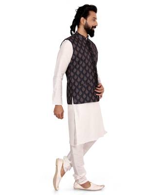 Men Black Cotton Printed Nehru Jacket with Plain White Dupion Silk Kurta Churidar 3