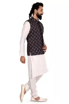 Men Black Cotton Printed Nehru Jacket with Plain White Dupion Silk Kurta Churidar