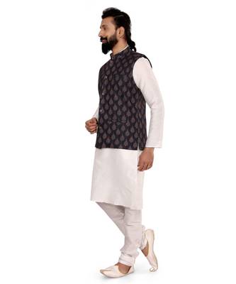 Men Black Cotton Printed Nehru Jacket with Plain White Dupion Silk Kurta Churidar 4