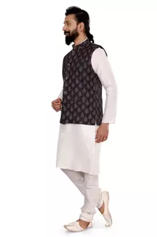 Men Black Cotton Printed Nehru Jacket with Plain White Dupion Silk Kurta Churidar
