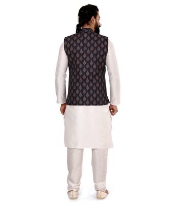Men Black Cotton Printed Nehru Jacket with Plain White Dupion Silk Kurta Churidar 5