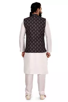 Men Black Cotton Printed Nehru Jacket with Plain White Dupion Silk Kurta Churidar