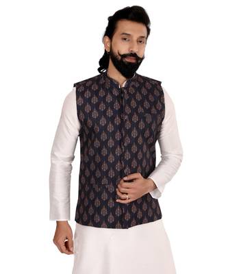 Men Black Cotton Printed Nehru Jacket with Plain White Dupion Silk Kurta Churidar 6