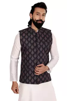 Men Black Cotton Printed Nehru Jacket with Plain White Dupion Silk Kurta Churidar