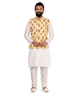 Men Yellow Cotton Printed Nehru Jacket with Plain White Dupion Silk Kurta Churidar 2