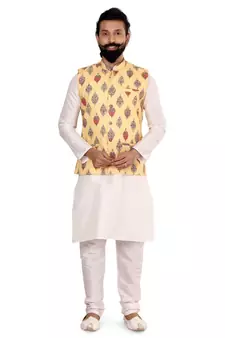 Men Yellow Cotton Printed Nehru Jacket with Plain White Dupion Silk Kurta Churidar