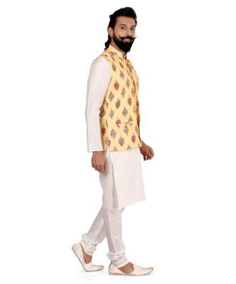 Men Yellow Cotton Printed Nehru Jacket with Plain White Dupion Silk Kurta Churidar 3