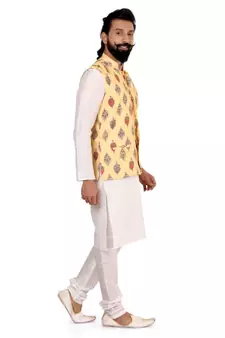 Men Yellow Cotton Printed Nehru Jacket with Plain White Dupion Silk Kurta Churidar