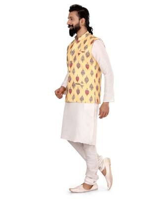 Men Yellow Cotton Printed Nehru Jacket with Plain White Dupion Silk Kurta Churidar 4