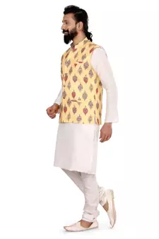 Men Yellow Cotton Printed Nehru Jacket with Plain White Dupion Silk Kurta Churidar