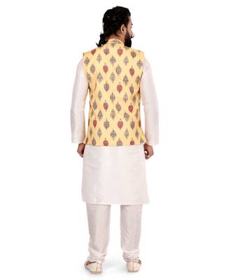 Men Yellow Cotton Printed Nehru Jacket with Plain White Dupion Silk Kurta Churidar 5
