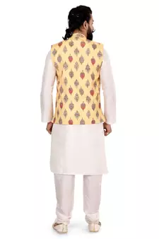 Men Yellow Cotton Printed Nehru Jacket with Plain White Dupion Silk Kurta Churidar