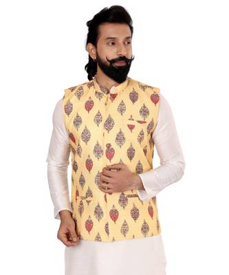 Men Yellow Cotton Printed Nehru Jacket with Plain White Dupion Silk Kurta Churidar 6